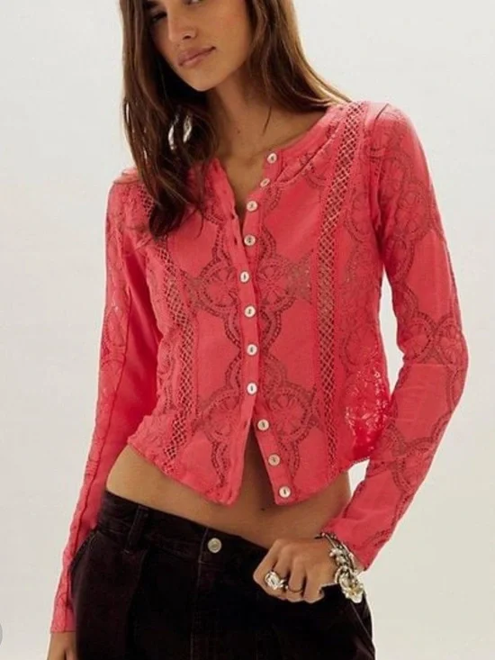 NWOT Free People Jae Sheer Lace Button Front Top-Raspberry Pink