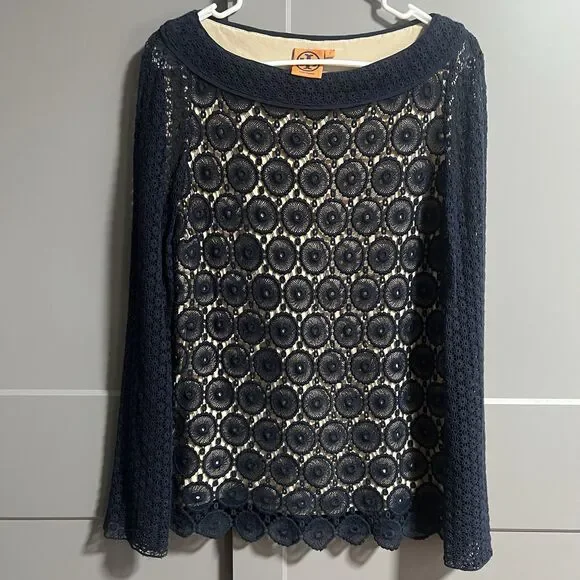 Tory Burch Janeen Circle Eyelet Crochet Boat Neck L/S Blouse Top Navy Blue 8