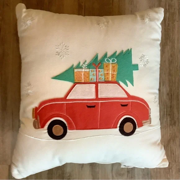 Christmas Throw Pillow 15” Tree On Red Car Snowflakes