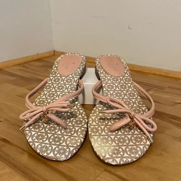Kate Spade Taupe & Blush Pretty Bow Leather Slide On Flip Flop Sandals Size 9.5