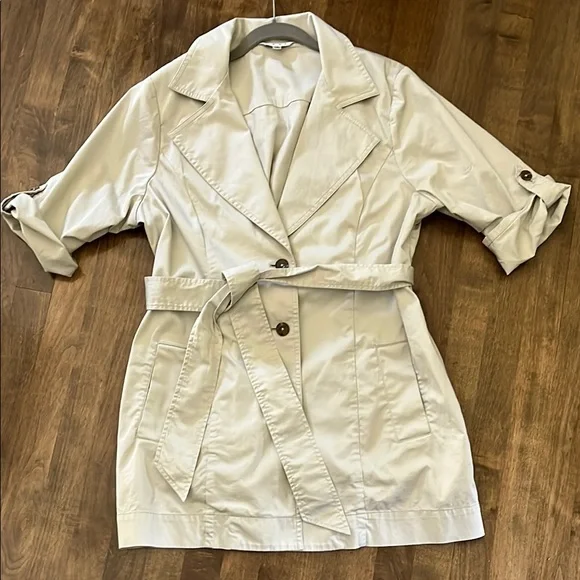 CAbi Tan Trench Coat with Rolled Sleeves and Belted Waist
