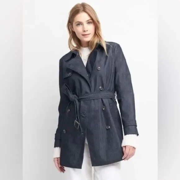 Gap Belted Blue Denim Double Breasted Lined Collared Jean Jacket Coat. Small.