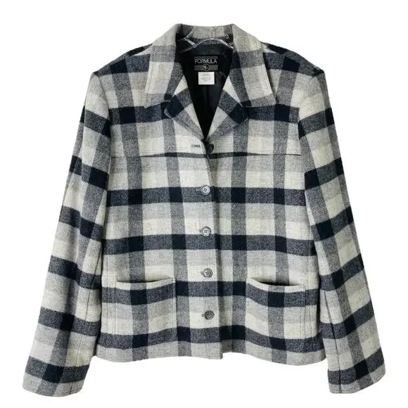 Formula grey white wool plaid button barn chore coat preppy jacket 12
