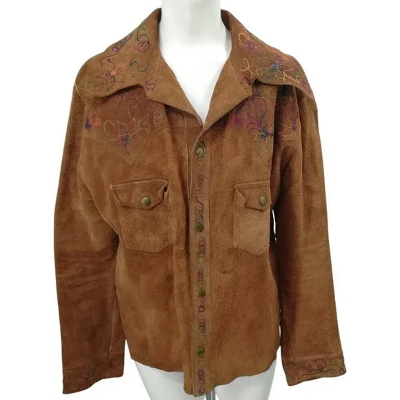 Vintage Suede Embroidered Snap Western Jacket Shirt Size XL Brown Rainbow Collar
