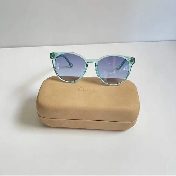 New Chloe Authentic 48mm Round Blue Sunglasses With Case - Reemoly