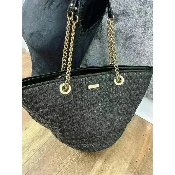 Kate Spade Woven Shoulder Bag Gold Tone Chain Satchel Black 10X16 Large