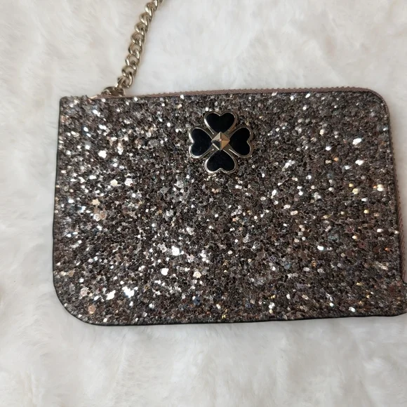 Kate Spade Glitter Card Holder Coin Purse Keychain Silver Black