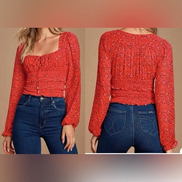 FREE PEOPLE Lolita Red Floral Print Ruffled Crop Top. Sz. L