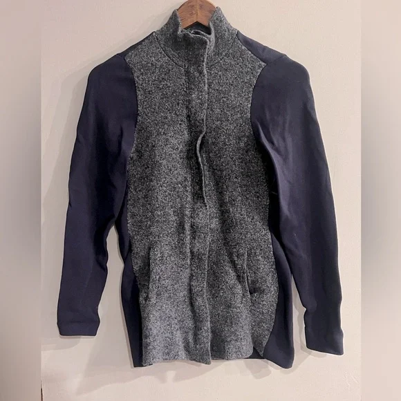 ANN TAYLOR Women's Navy Blue & Gray 100% Wool Sweater Jacket Size S