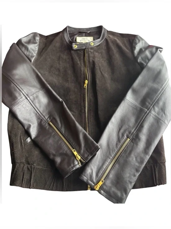 MNG Mango Mixed Media Leather & Suede Bomber Jacket Deep Chocolate Brown/Gold M