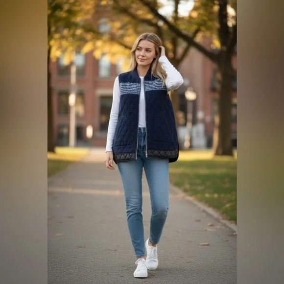 Madewell Navy Blue Quilted Reversible Vest Wool Blend Full zip Outdoor M