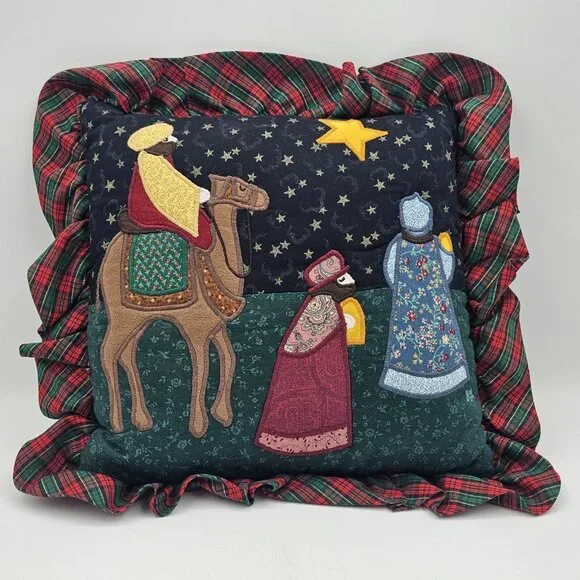 Three Wise Men Christmas Tapestry Throw Pillow 3 Kings Nativity Ruffle Trim 15