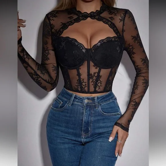 Elegant Black Lace Long Sleeve Top