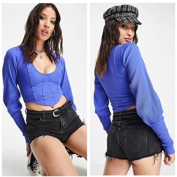 Free People Petra Long Statement Sleeve crop Top Blouse Ribbed Stretch Blue‎ S