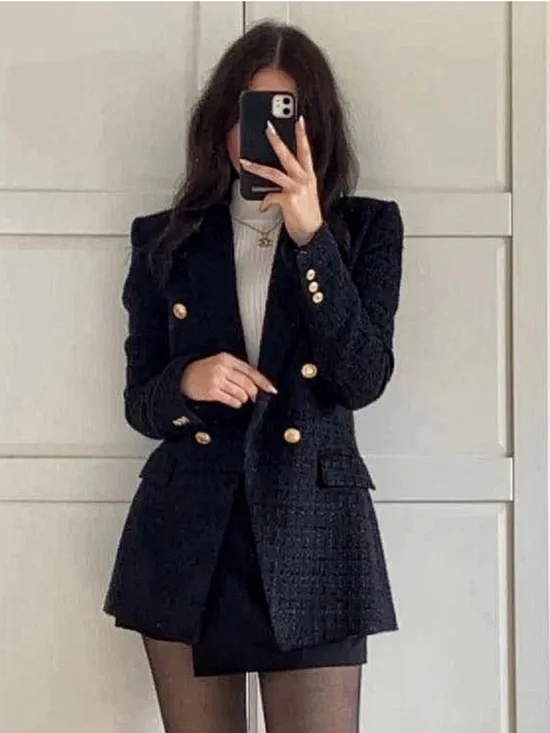 ZARA Tweed Textured Weave Double Breasted Blazer Black Gold Buttons Size Small