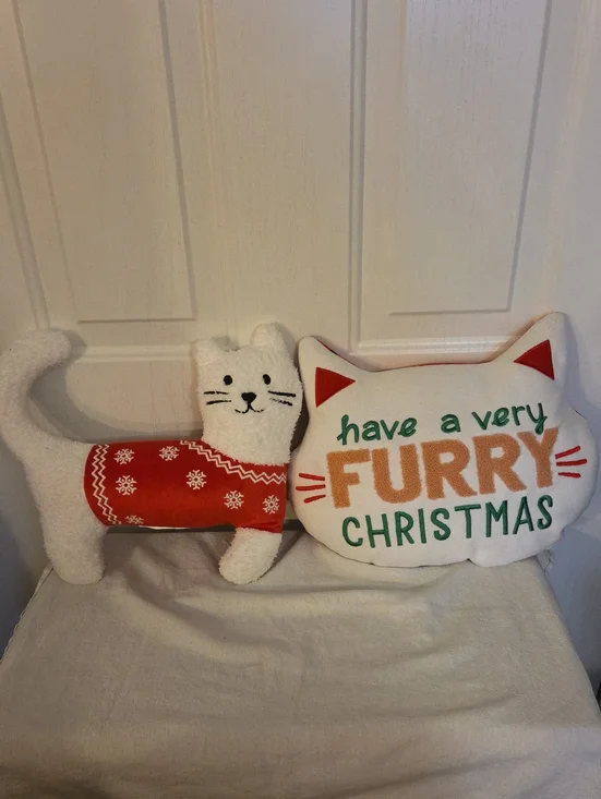 Festive White Cat Holiday Pillow Set with Red Accents