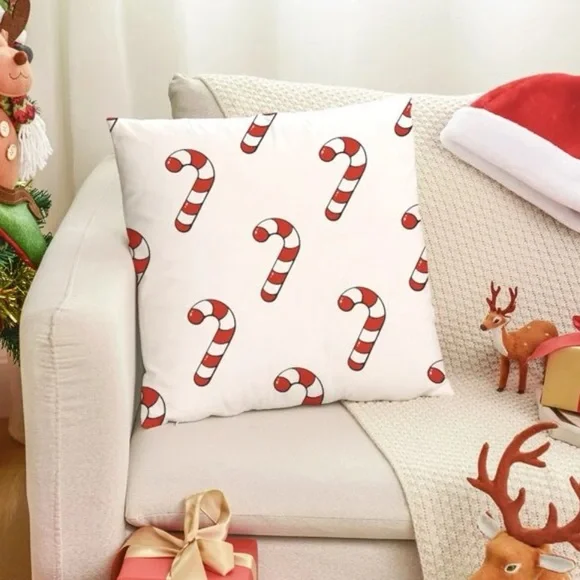 Christmas Cane Print Cushion Cover Without Filler. 4 Set