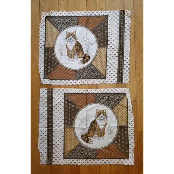 VIP Cranston Green Eye Cat Cut Outs Fabric Panel Cut & Sew Brown Panel Lot Of 2