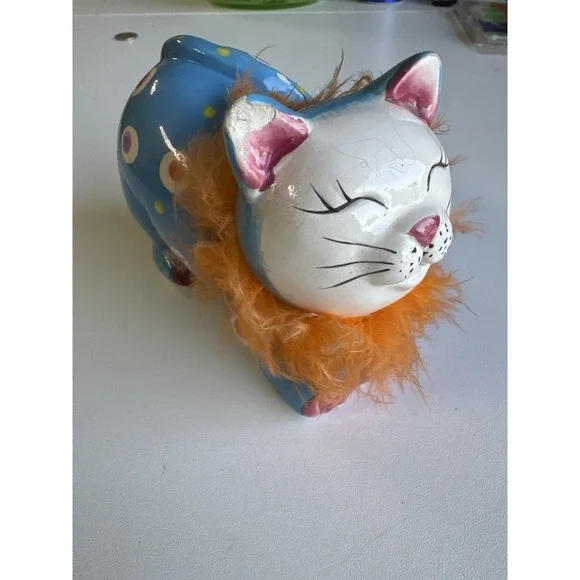 Vintage Hand Painted Ceramic Cat Figurine Blue Polka Dot Signed Folk Art