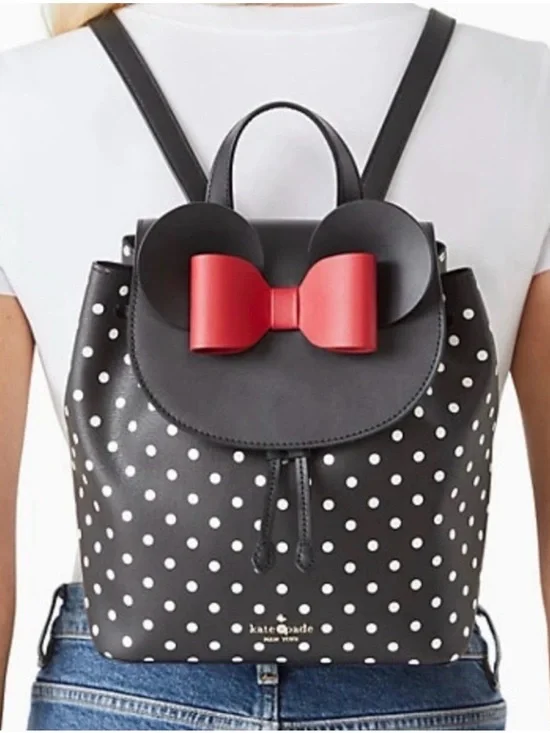 Kate Spade x Disney Minnie Mouse Flap Black Backpack K4642 Red Bow - EUC $379