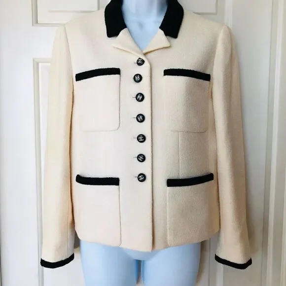 Chanel Iconic Cream and Black Boucle Button Up Blazer