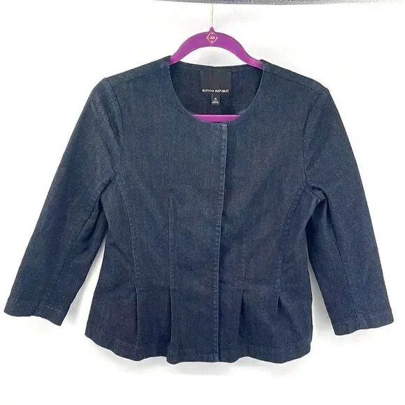 Banana Republic dark wash denim jean jacket coat blazer EUC peplum waist pleated