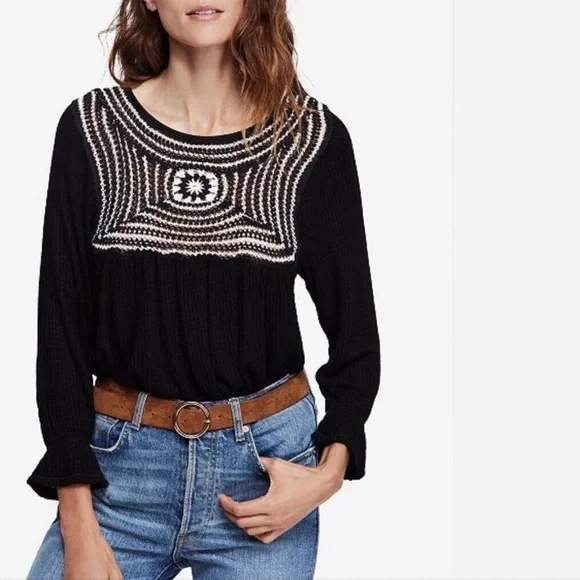 Free People Soulmate Waffle Knit Crochet Boho Top