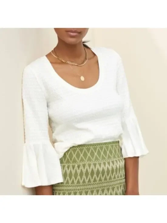 Anthropologie Womens Cream Scoop Neck Smocked Bell-Sleeve Blouse Size X-Small