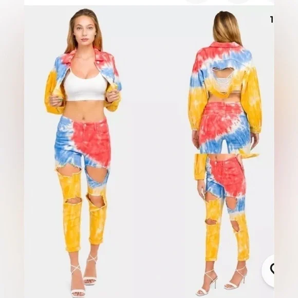 American Bazi Women's Tie Dye Ripped Denim Jacket And jeans size: 1X