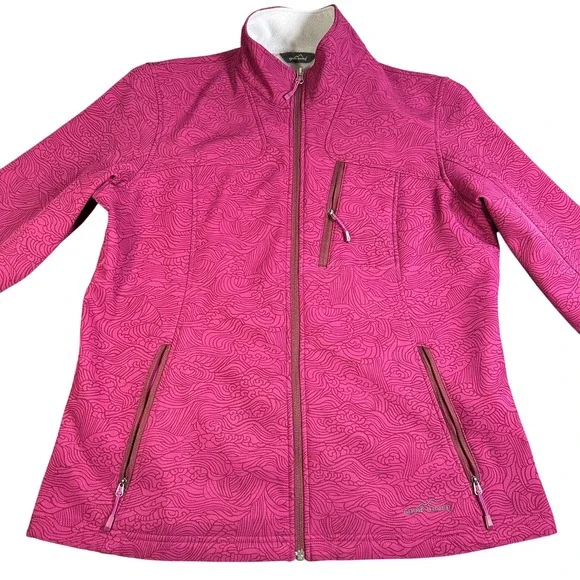 Eddie Bauer Womens XL Softshell Jacket Pink Wave Print Fleece Lined Full Zip
