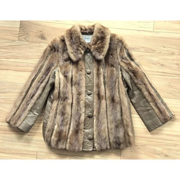 Vintage brown leather and genuine mink fur‎ button-up coat - womens M-L