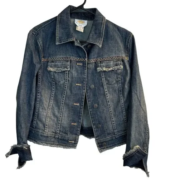Talbots Jacket Women's Blue Denim Fray Pocket Design Button Down Jean Sz 8‎