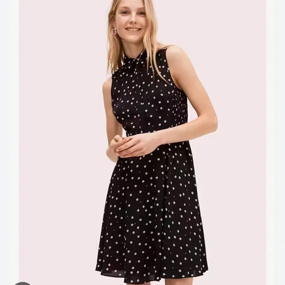 Kate Spade Daisy Dot Dress Black Collared Zip Up Shirred Shirtdress