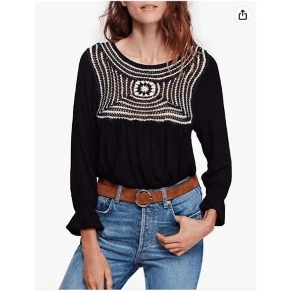 Free‎ People Soul Mate Top Black white embroidery loose fit Womans size M