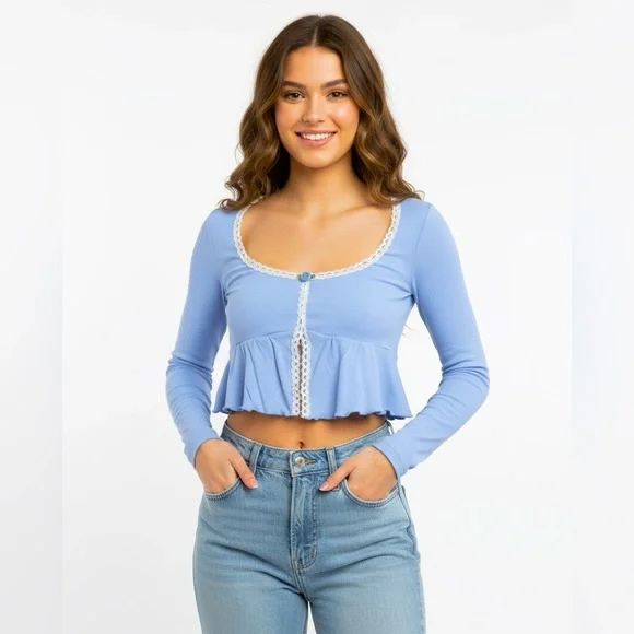 URBAN OUTFITTERS Women’s Long Sleeve  Lace Trim Babydoll Top