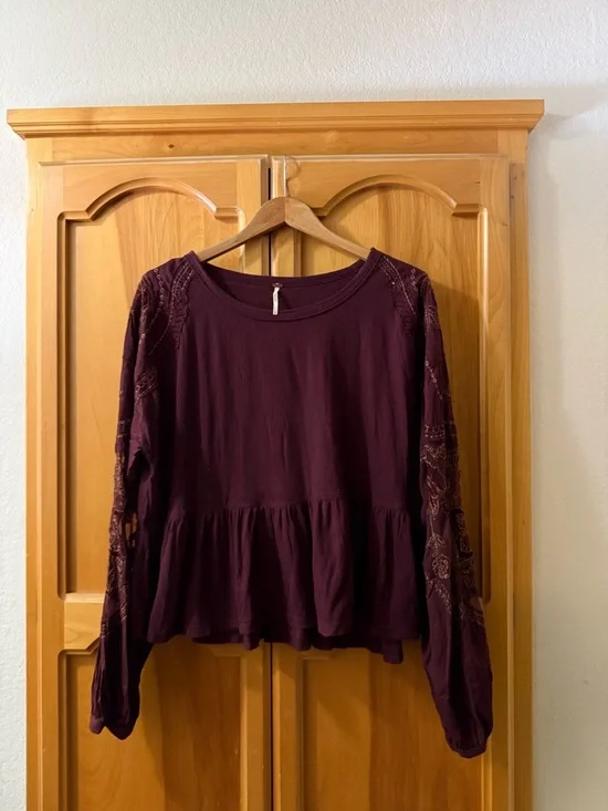 Free People Plum Embroidered Long-Sleeve Peplum Top