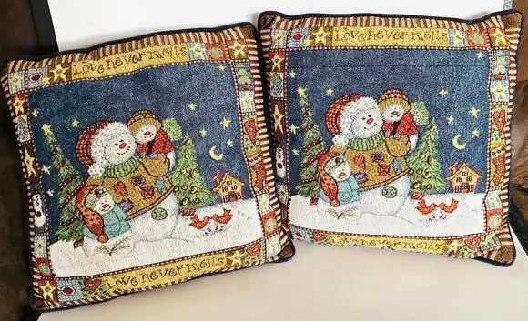 Two Vintage Tapestry Christmas Snow Family Love Never Melts Decorative Pillows