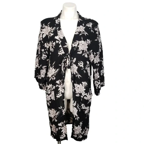 Spiritual Gangster Maya Floral Kimono Duster Tie Front Black Boho Cover Up OS