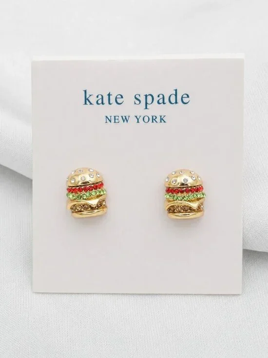 Kate Spade Fast Food Crystal Gold Burger Stud Earrings | NEW