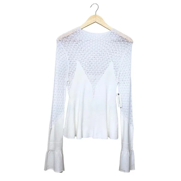 Anthropologie Ivory Crochet Lace Ribbed Peplum Top‎ Bell Sleeve Size M NEW