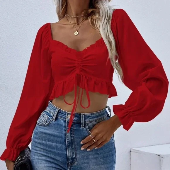 Shein Red Long Sleeved Cinched Crop Top Size Medium