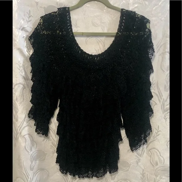 Ethos Black Crocheted Layered 3/4 Sleeve Blouse