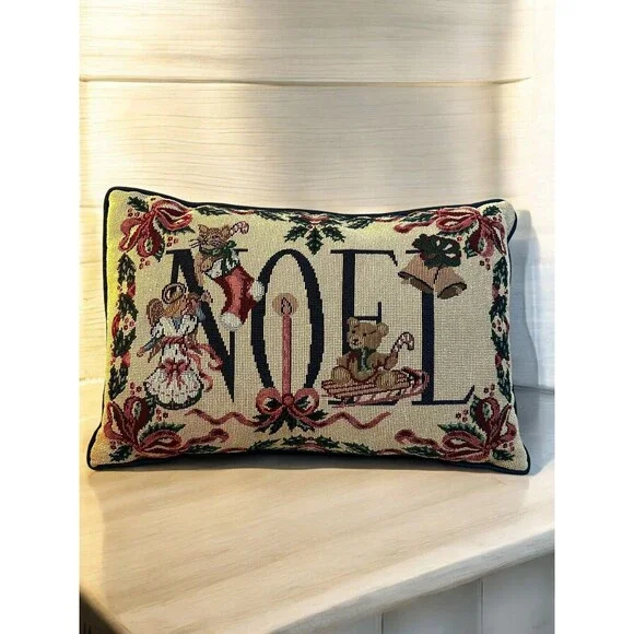 Vtg Christmas Noel Tapestry Throw Pillow Holiday Cat Stocking Bear Sled Angel