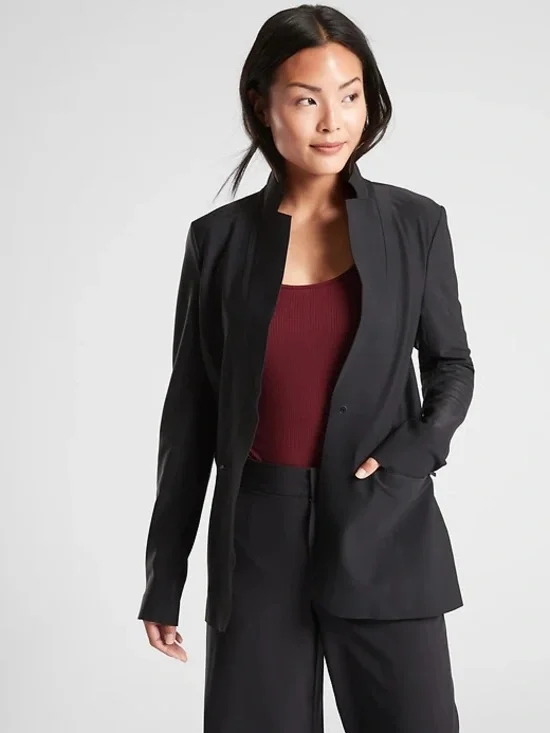 Athleta Interstellar Blazer Womens 2 Black Stretch Commuter Snap Pockets Jacket