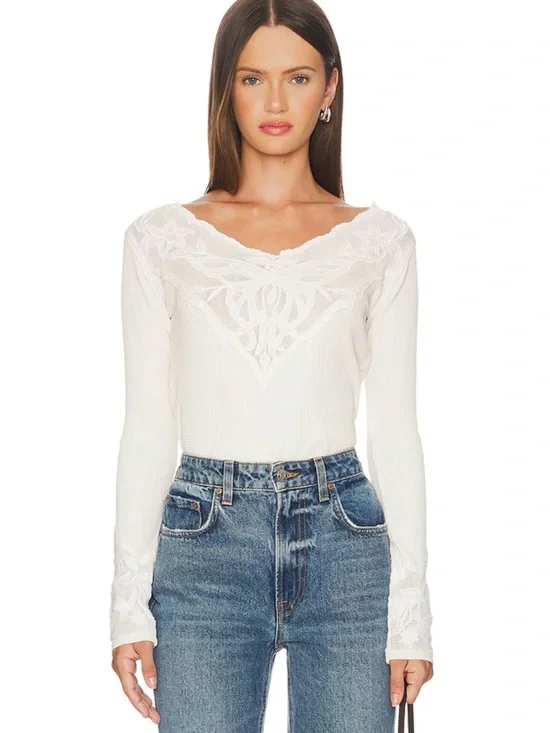 Free People Butterfly Lace Trim Top, Size MEDIUM