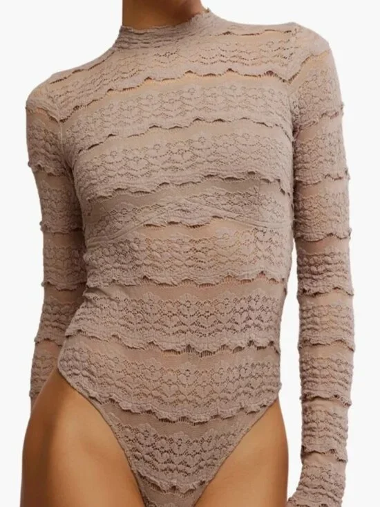 Free People Angelina Bodysuit Mock Neck Lace Sheer Cutout Top S