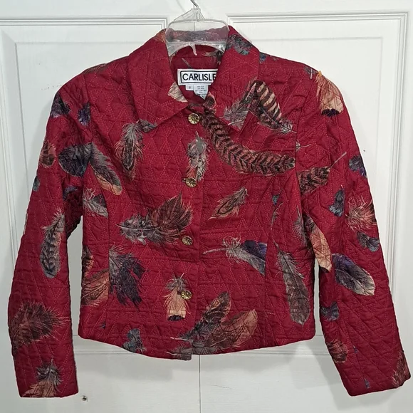 Carlisle quilted cropped button-up lined jacket -8- feather/red/silk wool blend