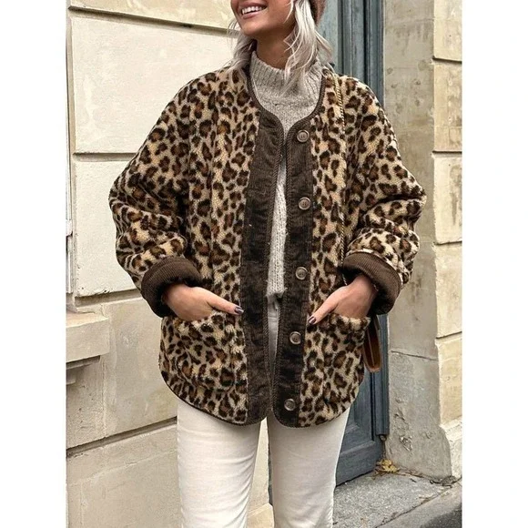 Trendy Leopard‎ Print Faux Fur Jacket Button Down Corduroy Trim Coat