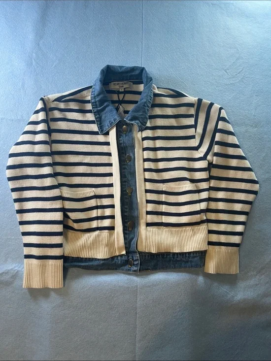 Velvet Heart Navy and Cream Striped Knit Jacket with Denim Trim