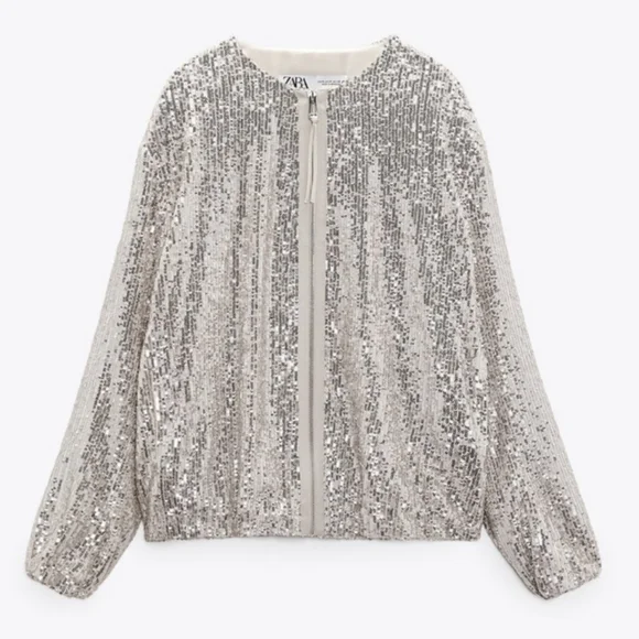 Zara Sequin Zip-Up Jacket in Cream